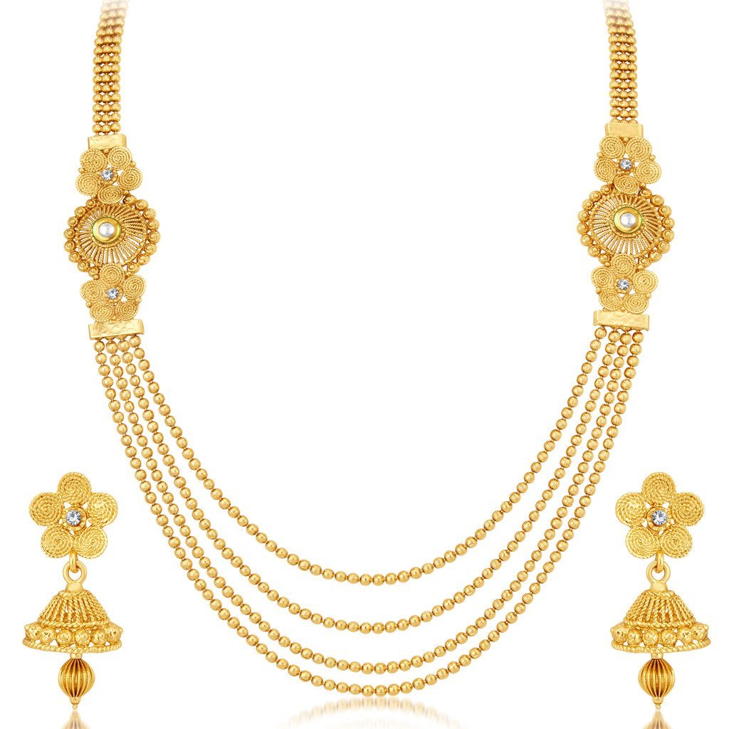 Gold Plated Wedding Jewellery Kundan Multi-String Necklace Set For Women